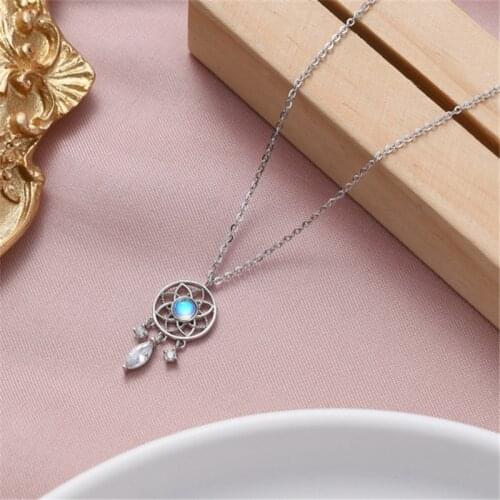 925 Sterling Silver Moonstone Dreamcatcher Feather Charm Pendant Choker Necklace For Women Statement Jewelry dz458