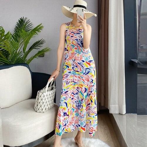 Miyake pleated print dress 2021 summer new A-line thin light luxury basic sleeveless fashion folda dress for woman