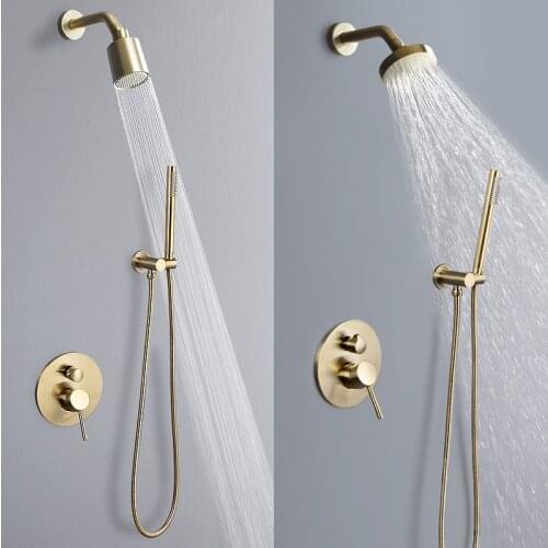 Golden Wall Mount Shower Faucet Set 2 Way Rainfall Handheld Shower Hot and Cold Water Mixer Tap Bathroom Brushed Gold Shower Kit