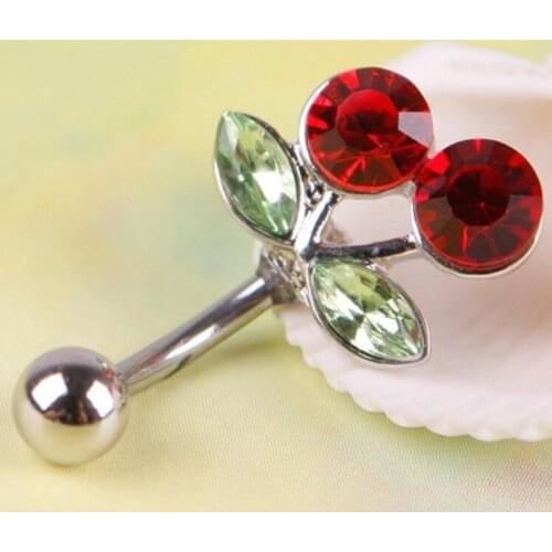 1Pc Stainless Steel Rhinestone Red Cherry Navel Belly Button Barbell Ring Body Piercing