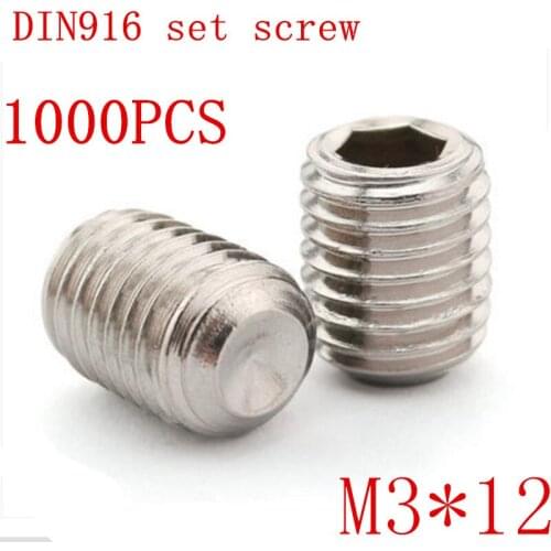 1000pc/set DIN916 m3*12 m3x12 3mm Stainless Steel Metric Thread Grub Screws Cup Point Hexagon Socket Set Screws Headless