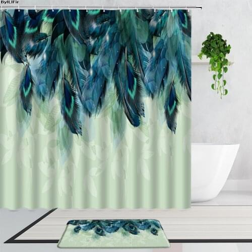 3D Blue Peacocks Feather Bathroom Shower Curtains Nordic Creative Home Decor Background Bathtub Screen Non-Slip Bath Mats Carpet