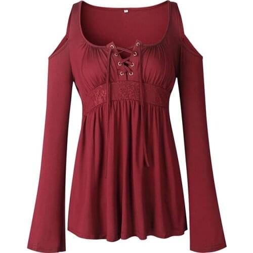 AECU Women T Shirt Open Shoulder Ruffle Ladies Tops Sexy Lace Up Tee 2021 Womens Clothing Plus Size Long Sleeve Top