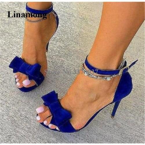 Ladies Cute Suede Leather Bowtie Stiletto Heel Sandals Blue Red Ankle Strap Buckle High Heel Sandals Wedding Heels Dress Shoes