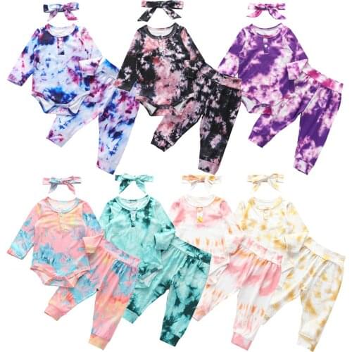Fall Infant Baby Tie-Dye 3pcs/Set Kids Girls Boys Long Sleeve Romper + Long Pants Headband Casual Outfits 0-2Y