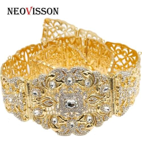 NEOVISSON Big Size Rhinestone Caftan Belt Wedding Belly Jewelry Gold Color Movable Button