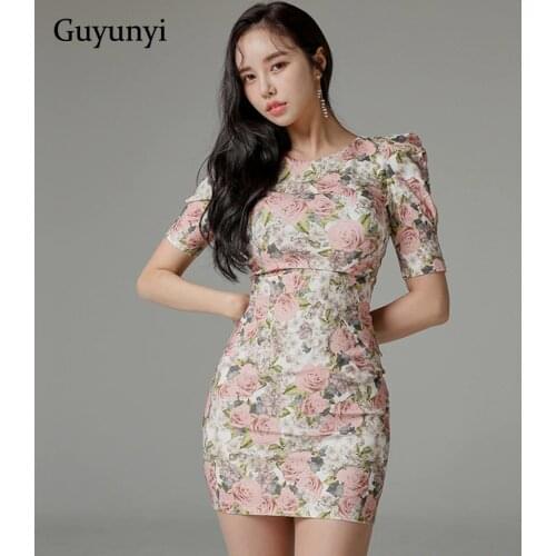 Floral Elegant Office Dress 2021 Summer Korean Style Mini Dress Simple Puff Sleeves High Waist Tight Party Dress Women