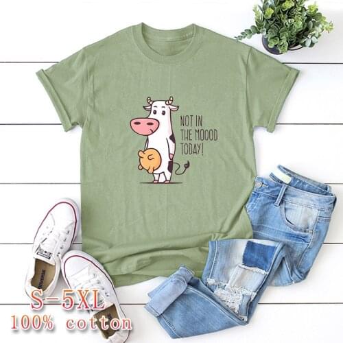 Plus Size S-5XL New Fashion Cute Cow Cartoon T-shirt Ladies 100% Cotton O-neck Short Sleeve Summer T-shirt Tops Casual T-shirt