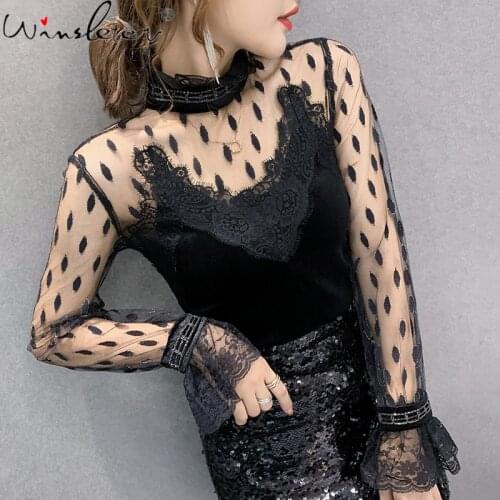 Spring Fall Korean Style T-Shirt Girls Fashion Sexy Pleuche Patchwork Mesh Lace Women Tops All Match Beads Tees New 2021 T11217A
