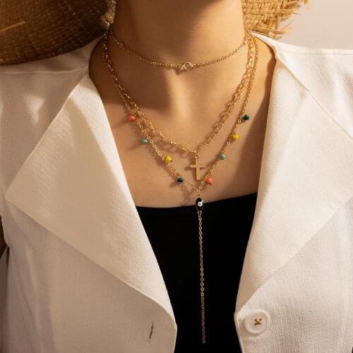 HuaTang Boho Colorful Bead Cross Pendant Necklace for Women Multilayer Blue Evil Eye Crystal Charming Necklace LadyParty Jewelry