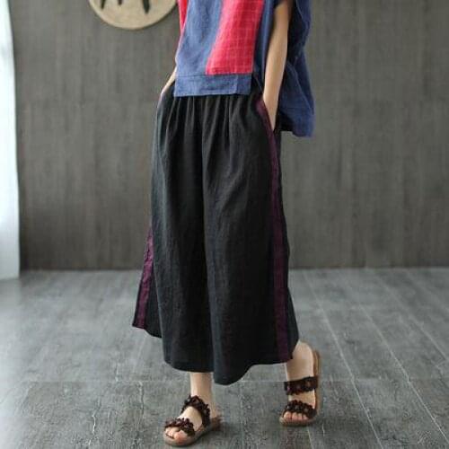 Johnature Women Cotton Linen Retro Patchwork Elastic Waist Wide Leg Pants 2021 Summer New Leisure All-match Ankle-length Pants