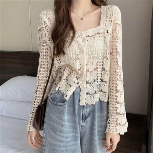 Hollow Sunscreen Cardigan shirt Fashion Sexy Summer Lace Tops New Korean Loose Long-sleeved Hollow out blouse