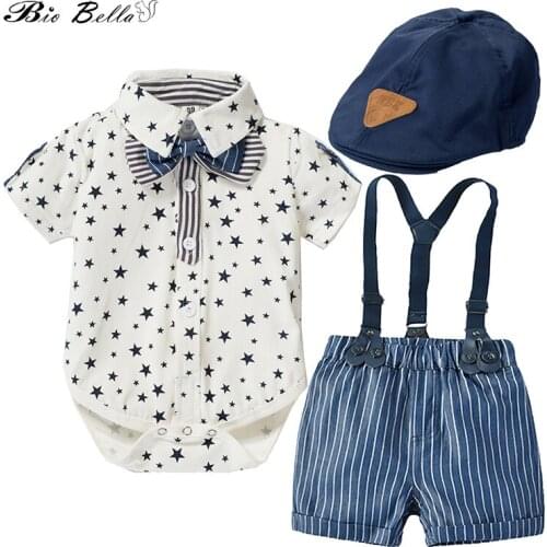 Summer Baby Boy Clothes Set Star Print Strap Shorts Short Sleeve Casual Bow Tie Shirts With Cap Gentle Outfits 3pcs Clothes Set