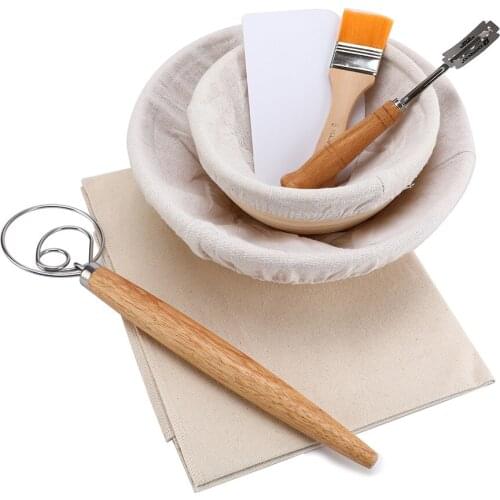 7PCS Banneton Fermentation Proofing Rattan Basket Dough Bread with Arc Curved Knife Scraper Brush Danish Whisk Linen