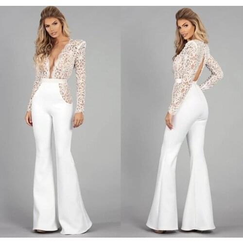 2021 Wedding Dresses Jumpsuit Lace Deep V Neck Beach Wedding Dresses Long Sleeves Ankle Length Applique Vestidos De Novia