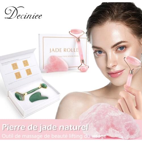 Natural Rose Quartz Jade Roller Gua Sha Set Facial Body Massager Roller Jade Stone Massage Set Face Lifting Beauty Massage Tool