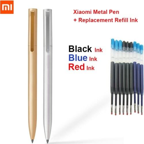 Original Xiaomi Mijia Metal Sign Pen MI Pen 0.5mm Signing Pen Smooth Switzerland Refill Metal Case + Replacement Refill Ink Blue