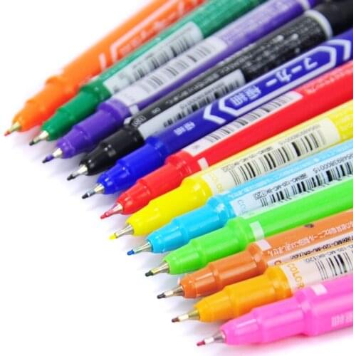 12colors/lot Twin Tip Permanent Marker Pen 0.5mm-2mm Fine Nib Waterproof Color Ink Double-headed hook line marker