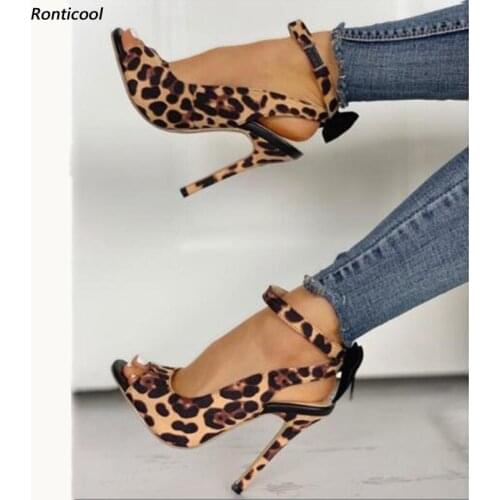 Ronticool New Fashion Women Summer Sandals Pretty Bow Stiletto High Heels Open Toe Gorgeous Leopard Party Shoes US Size 5-15