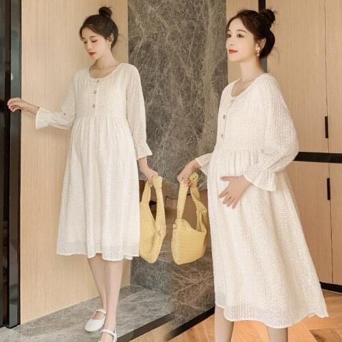 Autumn Spring Korean Fashion Maternity Long Party Dress Elegant Slim Nursing Clothes for Pregnant Women Sweet Pregnancy