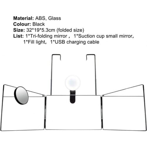 Tri-fold Mirror Hands-free No Distortion DIY 10X Magnifier Self Hair Cutting Styling Tri-fold Mirror with Fill Light for Home