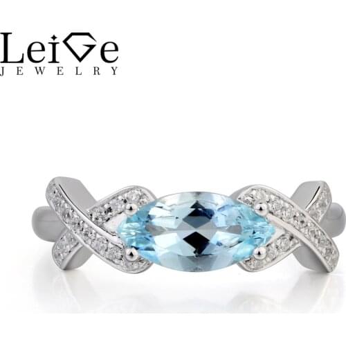 Leige Jewelry Natural Aquamarine Ring Aquamarine Wedding Ring March Birthstone Marquise Cut Blue Gemstone 925 Sterling Silver