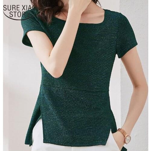 2021 Summer New Korean Style Women Green Blouse Solid Color Round Collar Irregular Knitted Blouse Women Chemisier Femme 9448 50