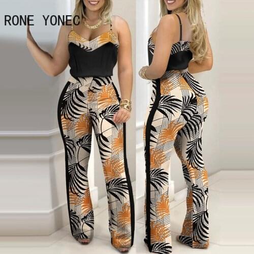 Women Tropical Print Colorblock Top & Pants Set Summer Vacation Suit