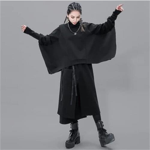 European station two-piece female bat sleeve high-necked irregular Hoodie individual large pocket level skirt suit fashion