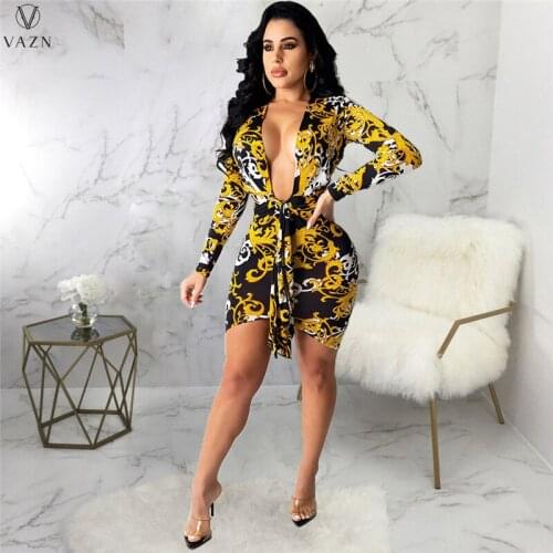 VAZN 2021 Autumn Retro Little Chap Sexy Club Young Deep V-Neck Full Sleeve High Waist Women Skinny Mini Dress Vestido