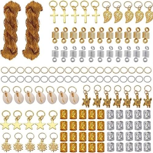 200pcs Hair Jewelry Rings with 2 Roll Metallic Cord Aluminum Dreadlocks Braid Beads Cuffs Metal Hair Accessories Pendant