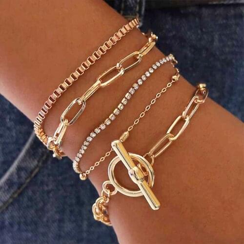 5Pcs/Set Hip Hop Geometric Link Multi Layer Bracelets Bangles Charm Adjustable Lasso Bracelet Set for Women Jewelery Gifts