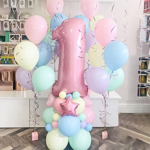 63pcs Pink 1 2 3 Years Number Balloon Set Macaroon Latex Balloons Air Balloon Party Birthday Decorations Girl Event Party Globos
