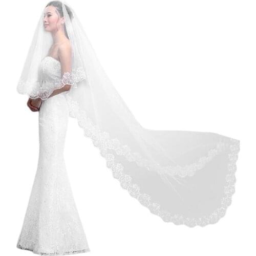 Women Pure White Wedding Veil Long Embroidered Floral Lace Scalloped Edge Bridal Cathedral 1 Layer Party Accessories Without