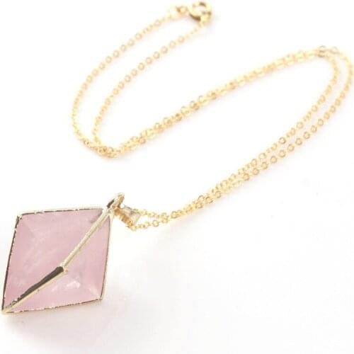 FYJS Unique Light Yellow Gold Color Irregular Shape Pyramid Pendant Natural Rose Pink Quartz Necklace for Women Anniversary Gift