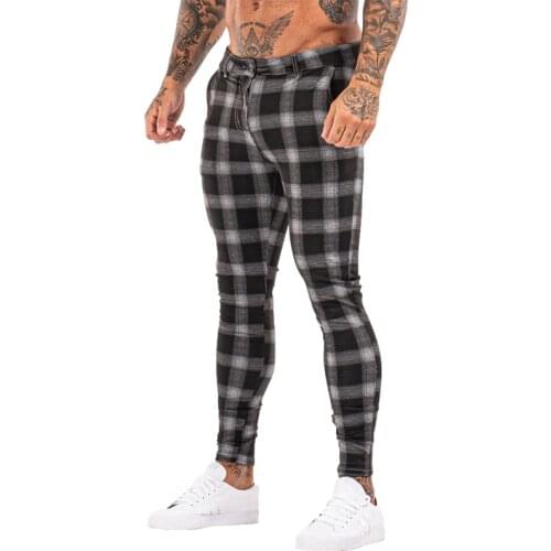 GINGTTO Men Chinos Trousers Skinny Super Stretch Chino Pants Slim Fit Mens Casual Pant Plaid Elastic Waist London Fashion zm396