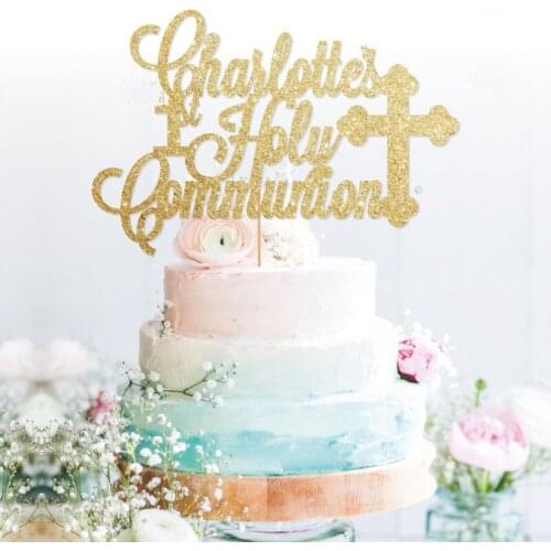 Custom holy communion glitter cake topper personalised gold Name cake topper first holy communion customised Party Decorations