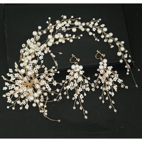Korean long pearl barrette earrings Brides headdress wedding bride hair jewelry