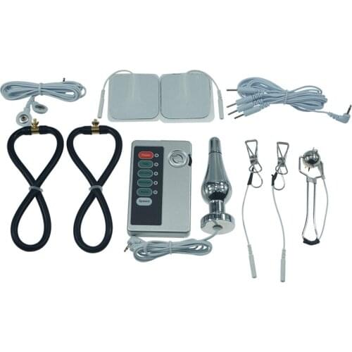 Electric shock set metal anal plug wheel roller nipple clitoris torture adjustable cock ring penis extender therapy sex toys