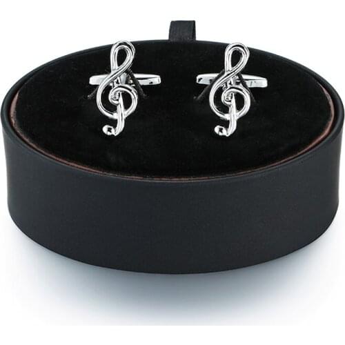 New Mens French Cufflinks Gift Set Silvery Clef Music symbol Cufflinks black leather box set