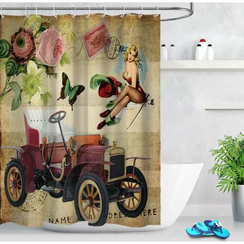 Retro Stamp Classic Car Sexy Girl Fabric Bathroom Shower Curtain