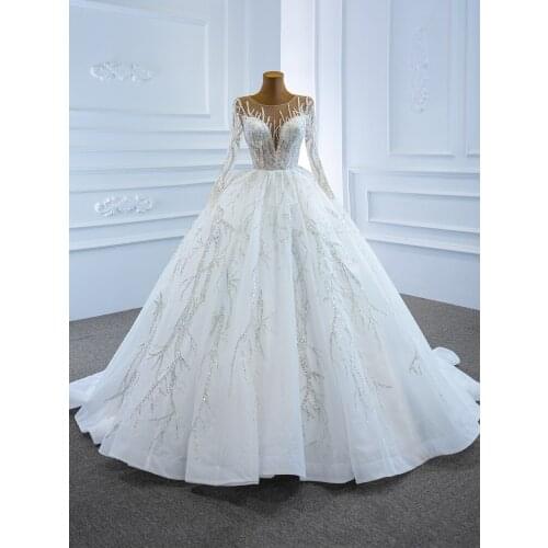 Luxury Light Ivory Full Beaded Lace Long Sleeve Wedding Dress 2021 Bridal Gown Long Train Lace Applique Handwork