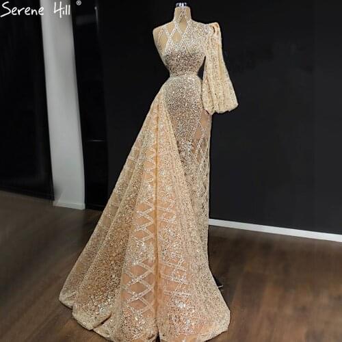 Serene Hill Mermaid Gold Luxury With Skirt Evening Dresses Gowns 2021 Beading Elegant One Shoulder For Women Party LA71094