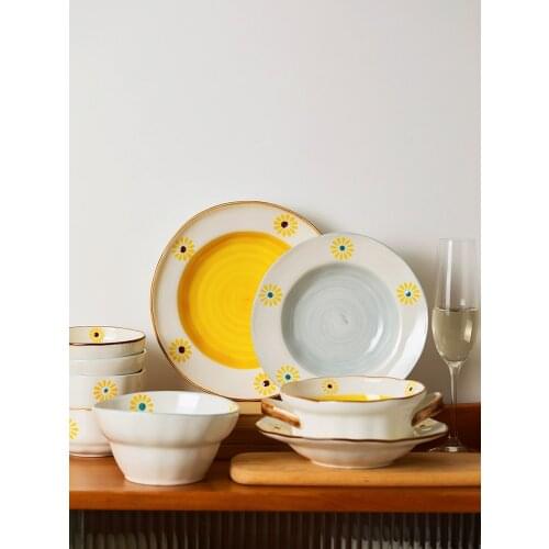 Porcelain Plate Set Photography High Sense Dish Nordic Ceramic Dinner Plate Nice Home Deep Plates Straw Hat Plate Plant Flower