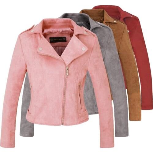 Nice Pop Elegant Autumn Winter Zipper Basic Suede Jacket Coat Motorcycle Jacket Women Outwear Pink Slim Short Winter Jackets