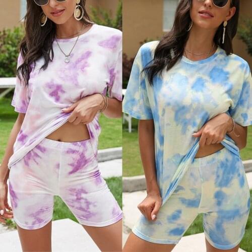 Tie Dye Women Set Short Sleeve Loose Tops And Biker Shorts Casual Two Piece Set Streetwear Outfits Tracksuits