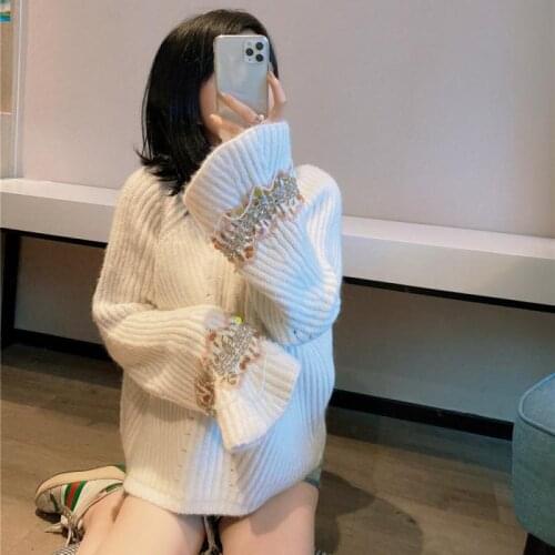 Runway Winter Trumpet Sleeve Knit White Sweater Women Beaded Korean Loose Long-sleeved O-neck Pullover Oversize Top Jumper