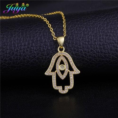 Juya Women Fashion Pendant Necklace Micro Pave Zircon Hamsa Hand Of Fatima Evil Eye Gold /Rose Gold Choker Necklace
