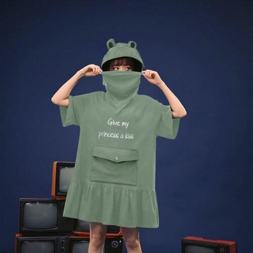 Womens Frogs Hooded Dress Lovely Harajuku Embroidery Stitching Summer short sleeve Three-Dimensional Pocket Cute Design Dress