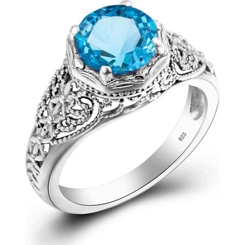 925 Sterling Silver Blue Topaz Rings Prong Setting Round Vintage Gemstone Ring For Women Famous Brand Fine Jewelry Sale